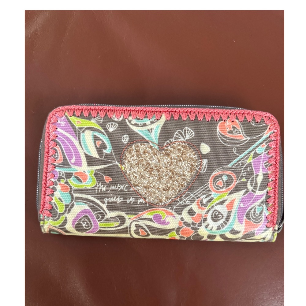 SAKROOTS Songbird LRG Zip WALLET  Brown Coated‎ Canvas Glitter Heart Peace